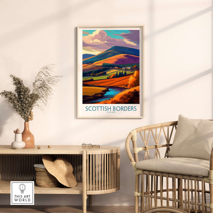 Scottish Borders travel poster showcasing autumn valleys and vibrant landscapes with a bright blue stream.