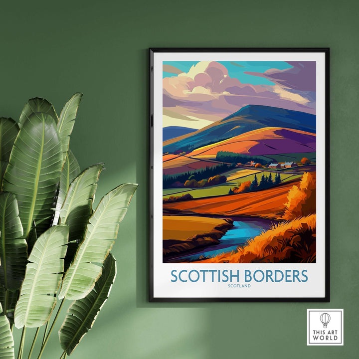 Scottish Borders travel poster featuring vibrant autumn hills and a blue stream in a stylish illustration.