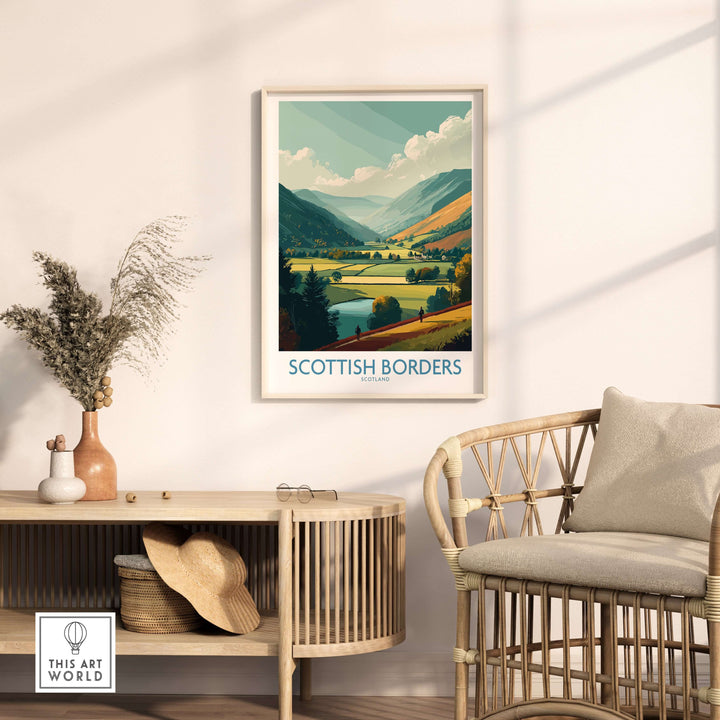 Scotland Valley Hikers travel poster in a stylish interior, showcasing Scottish Borders landscape and vibrant nature.