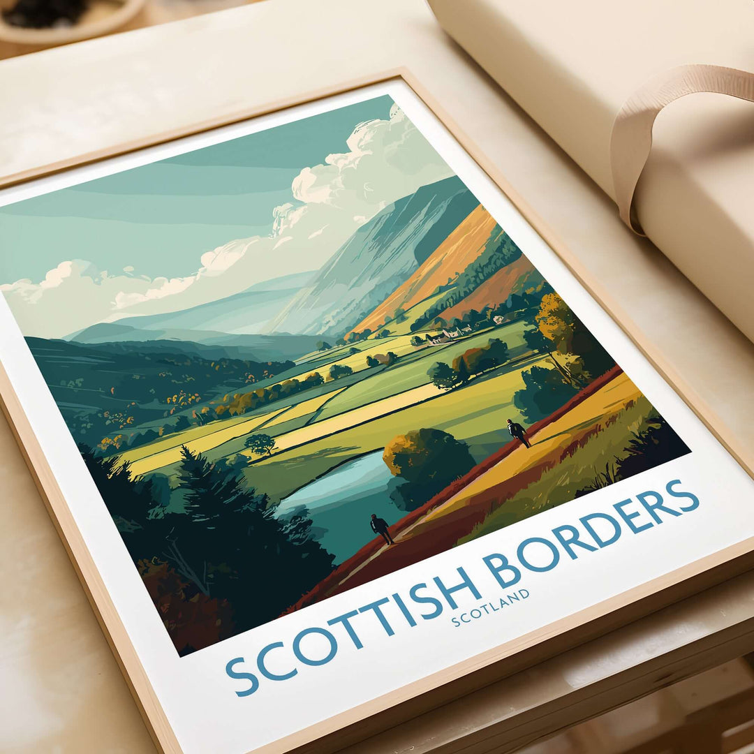 Scotland Valley Hikers travel poster of the Scottish Borders landscape with hikers, river, and hills.