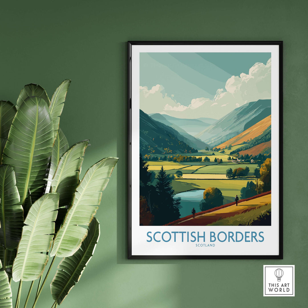 Scotland Valley Hikers travel poster showcasing lush Scottish Borders landscape with mountains and hiking figures.