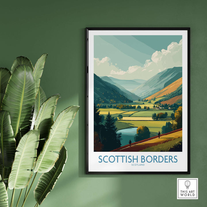 Scotland Valley Hikers travel poster showcasing lush Scottish Borders landscape with mountains and hiking figures.