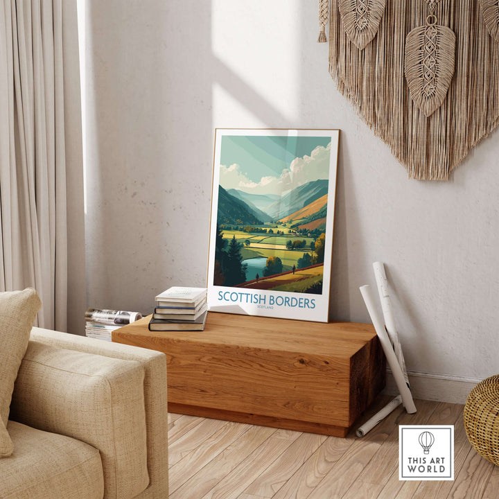 Scotland Valley Hikers travel poster showcasing lush landscapes and mountains in the Scottish Borders.