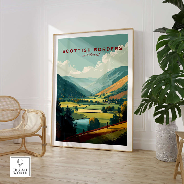 Scottish Borders travel print featuring a wide valley landscape, mountains, and a serene river in Scotland.