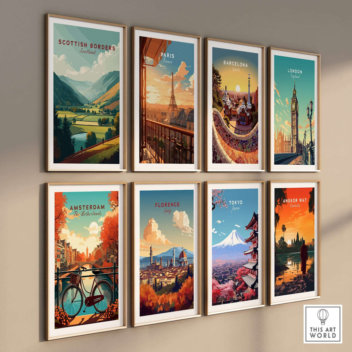Gallery of travel posters showcasing destinations like Scottish Borders, Paris, and Tokyo in vibrant colors.