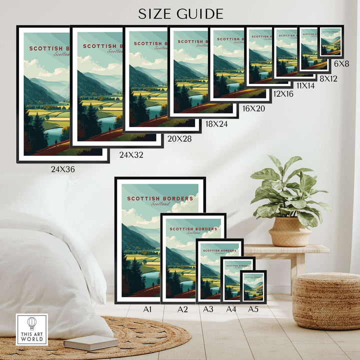 Size guide for Scottish Borders hiking landscape poster in various dimensions displayed in a living room setting.