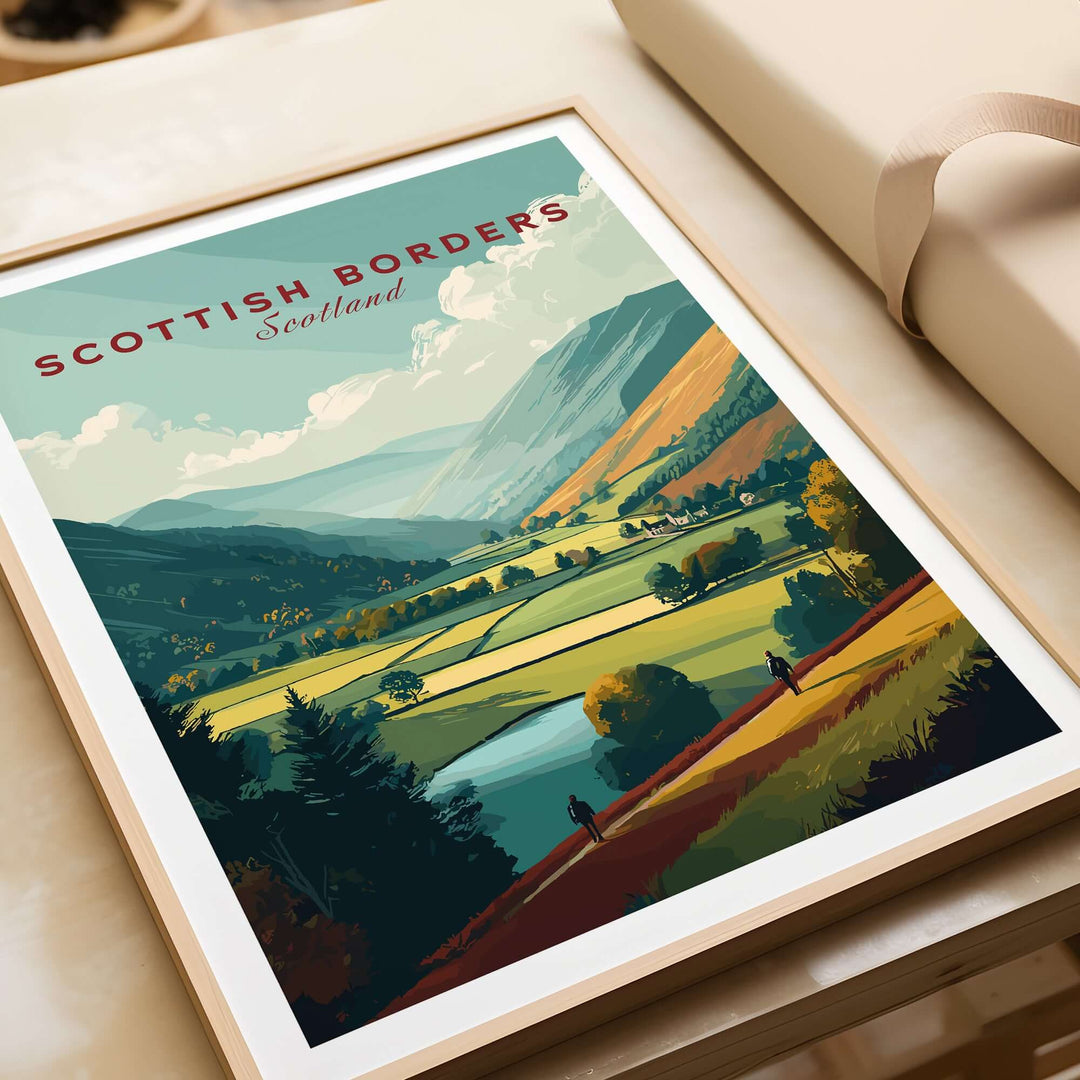 Scottish Borders travel print depicting a wide valley landscape with hikers and a river in Scotland.