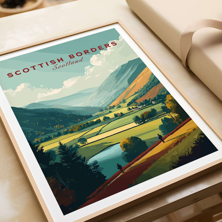 Scottish Borders travel print depicting a wide valley landscape with hikers and a river in Scotland.