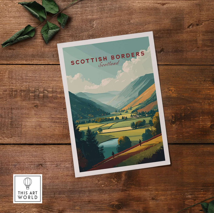 Scottish Borders hiking travel poster depicting a wide valley landscape in Scotland with hikers and lush green fields.