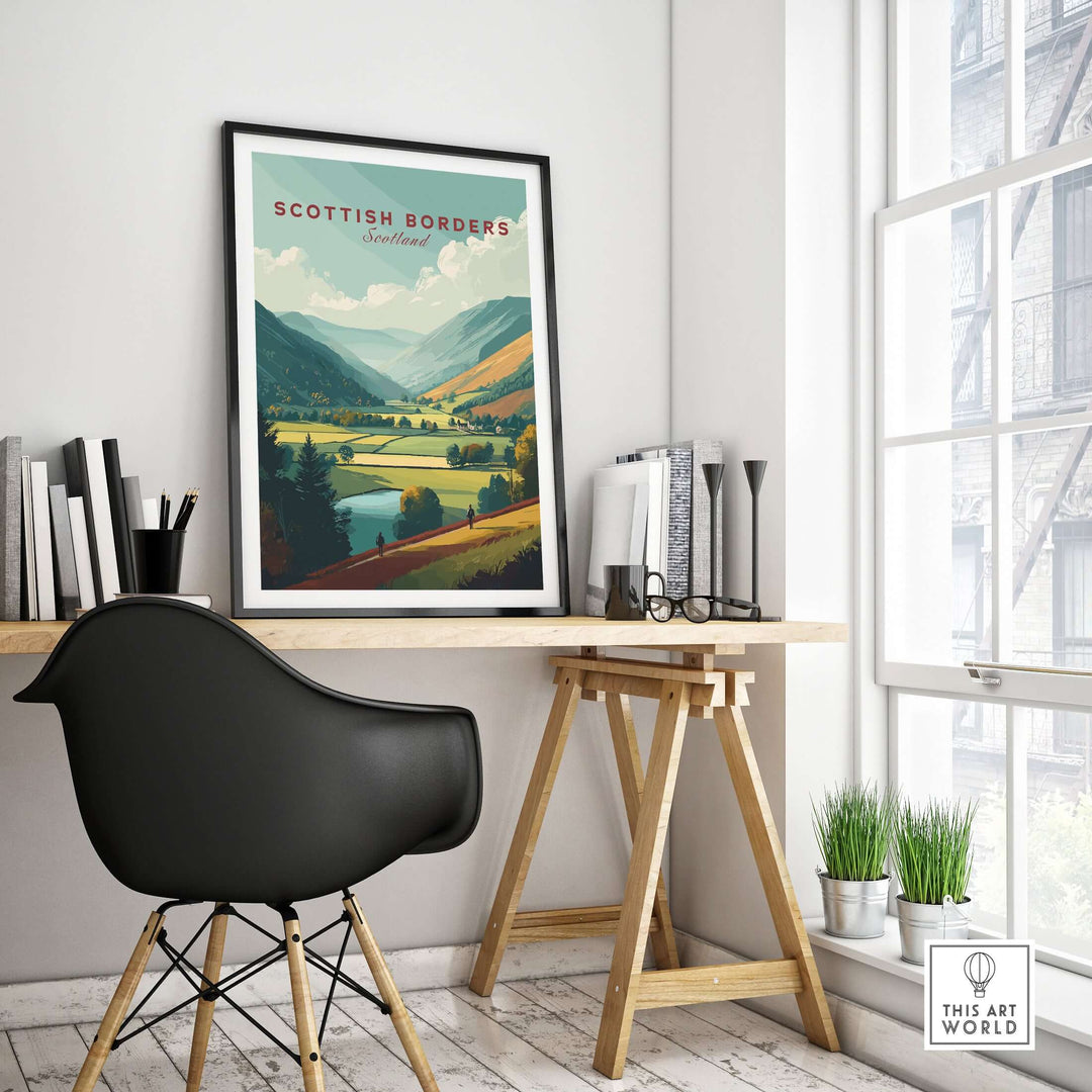 Scottish Borders travel poster featuring a wide valley landscape in Scotland, displayed in a stylish interior setting.