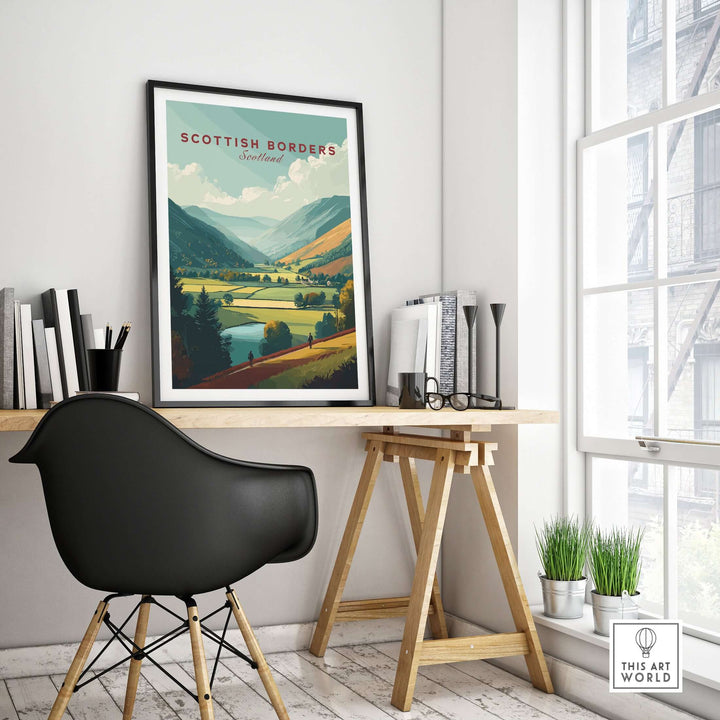 Scottish Borders travel poster featuring a wide valley landscape in Scotland, displayed in a stylish interior setting.