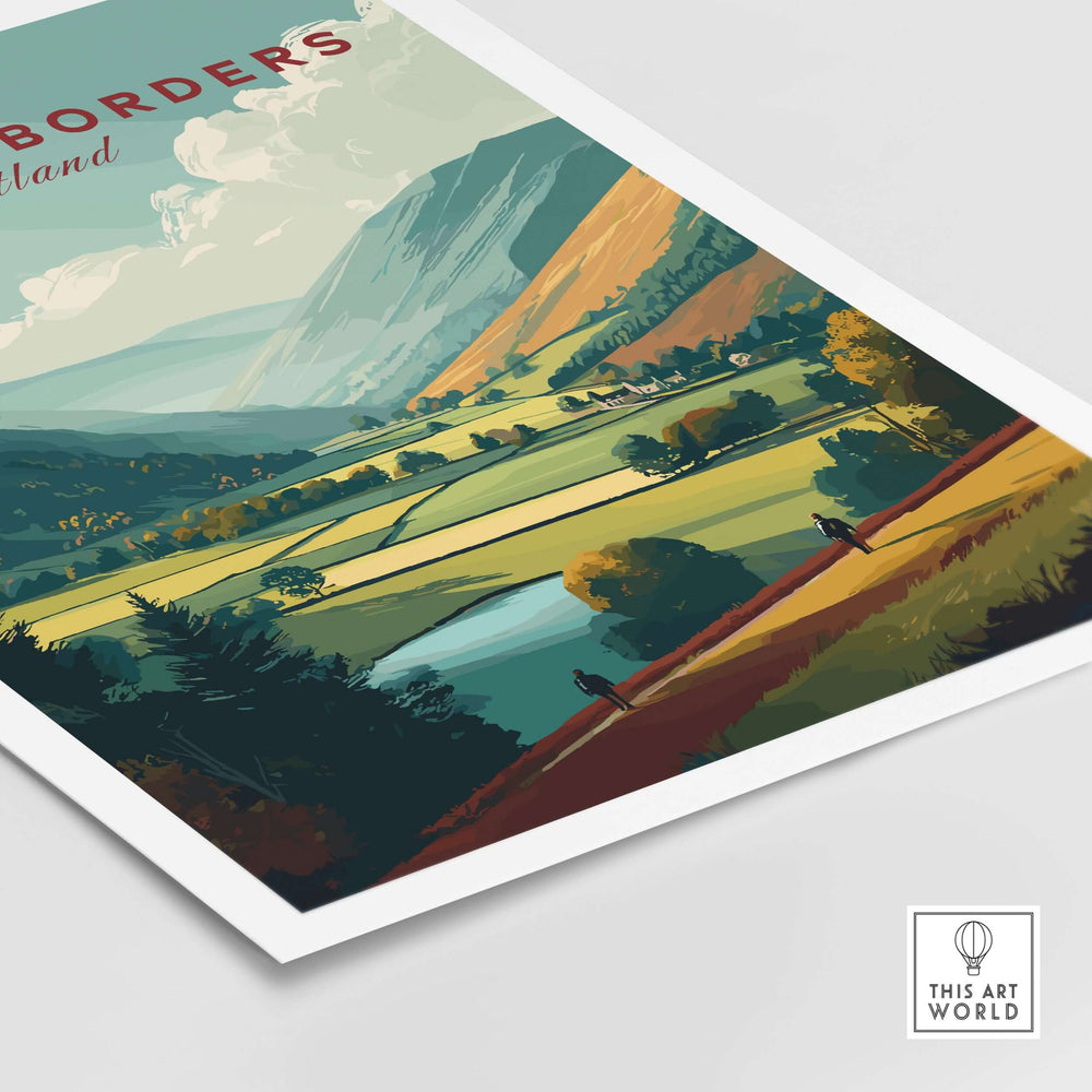 Scottish Borders hiking travel poster depicting a serene valley landscape with hikers and green fields.