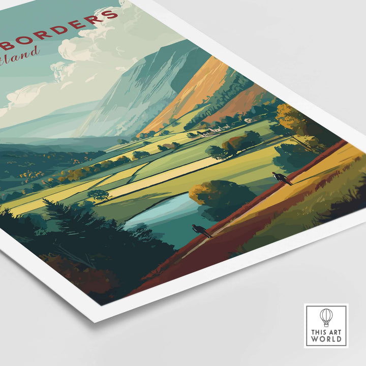 Scottish Borders hiking travel poster depicting a serene valley landscape with hikers and green fields.