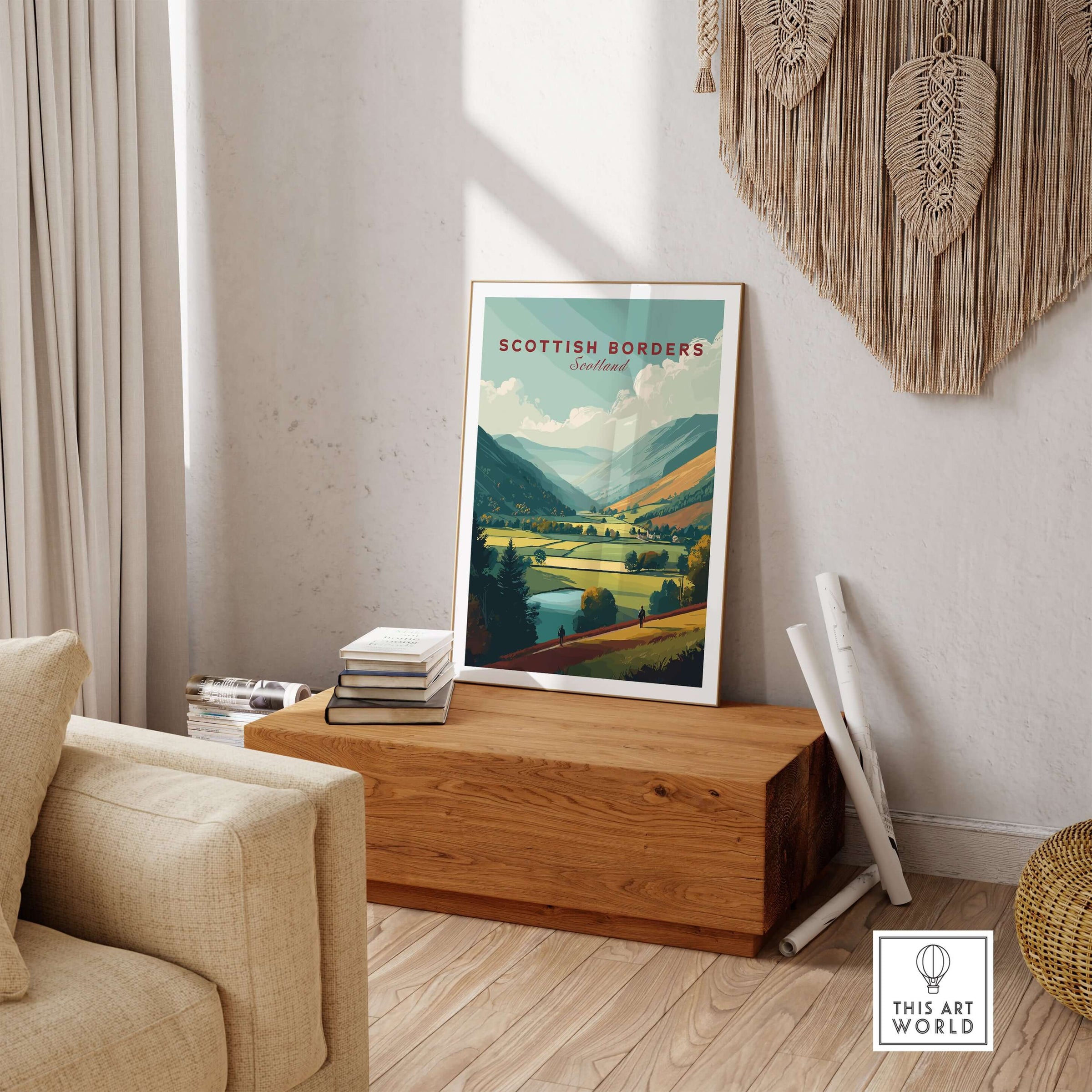 Scottish Borders Hiking Travel Print Wide Valley Landscape Scotland Poster Wall Art displayed in a cozy home setting.