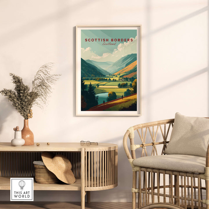 Scottish Borders landscape poster featuring hikers, green valleys, and mountains, perfect for wall art decor.