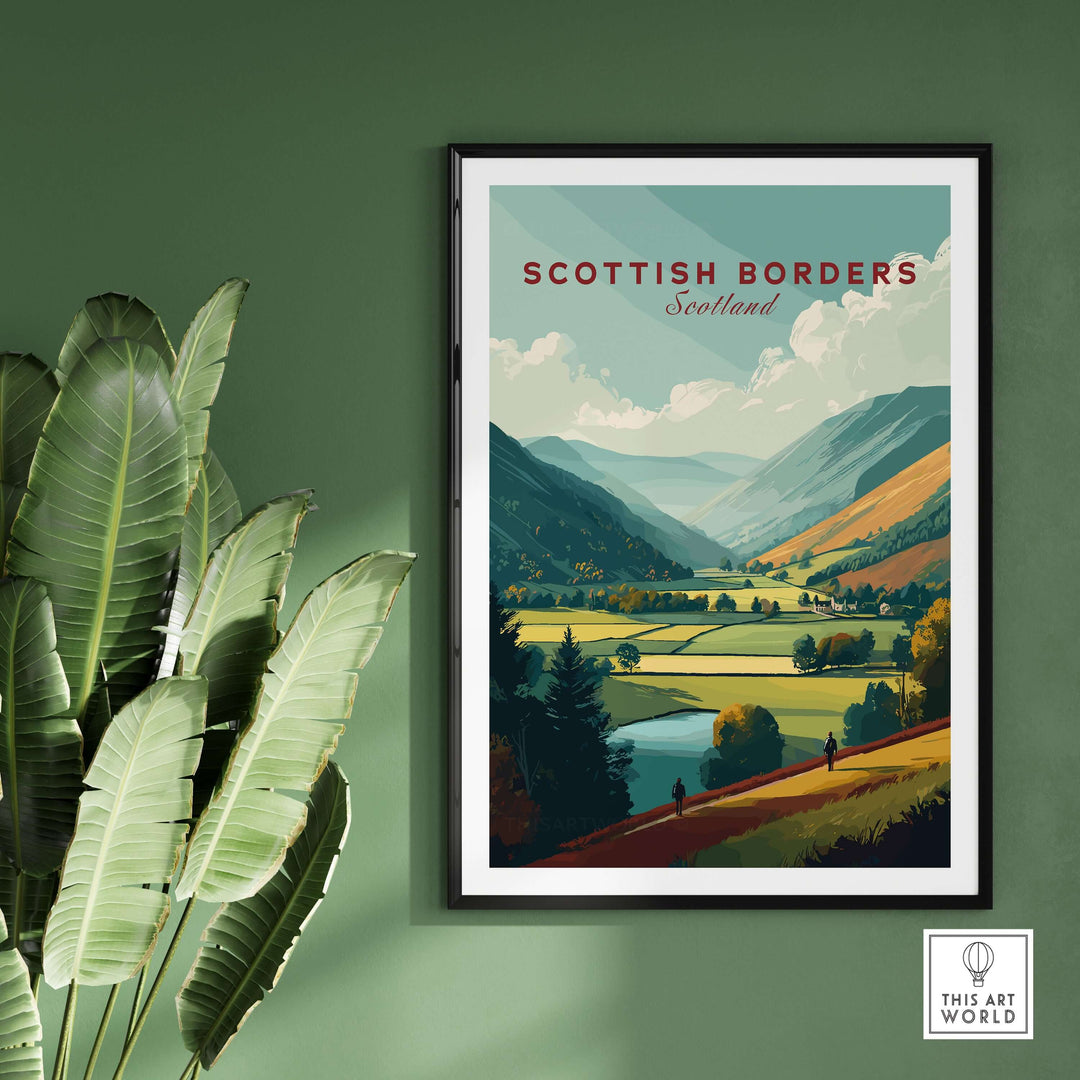 Scottish Borders hiking travel print depicting a scenic valley landscape in Scotland with hikers and lush greenery.