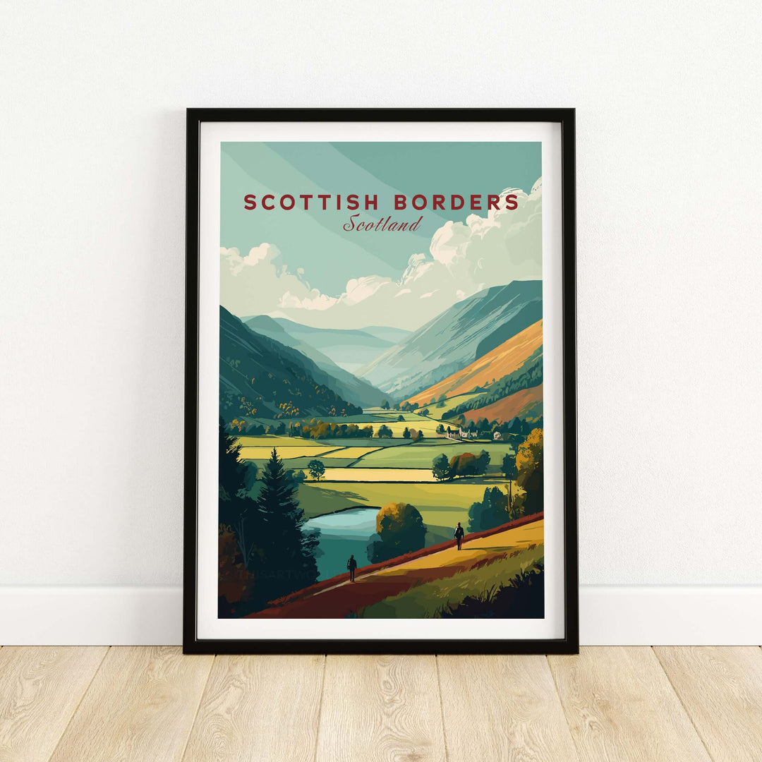 Scottish Borders poster featuring hikers in a scenic valley landscape, showcasing green fields and hills.