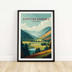 Scottish Borders Hiking Travel Print Wide Valley Landscape Scotland Poster Wall Art featuring scenic valley illustration.