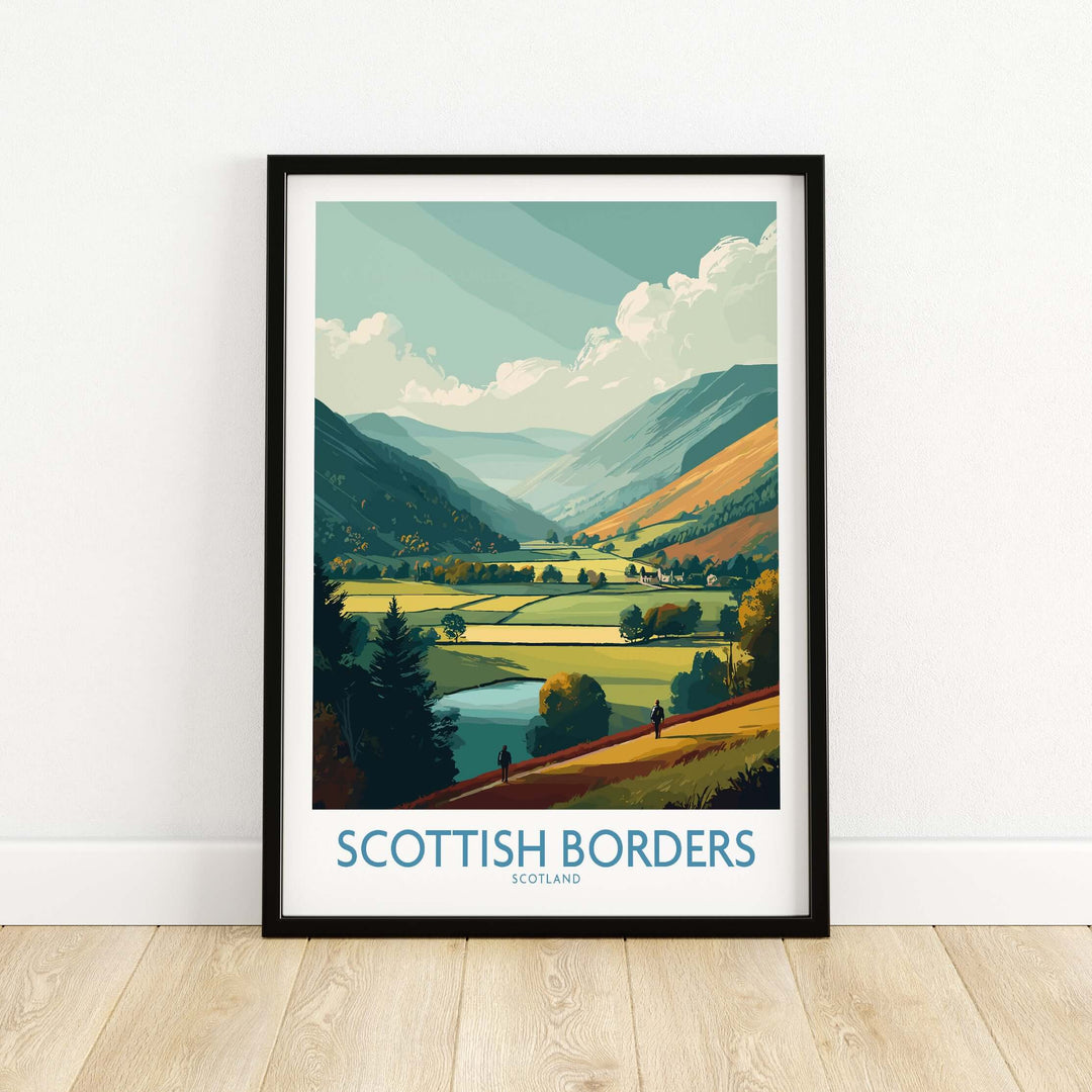 Scotland Valley Hikers travel poster featuring lush landscapes of the Scottish Borders with hikers and a river.