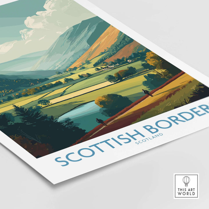 Scotland Valley Hikers travel poster showcasing lush landscape and mountains in Scottish Borders.