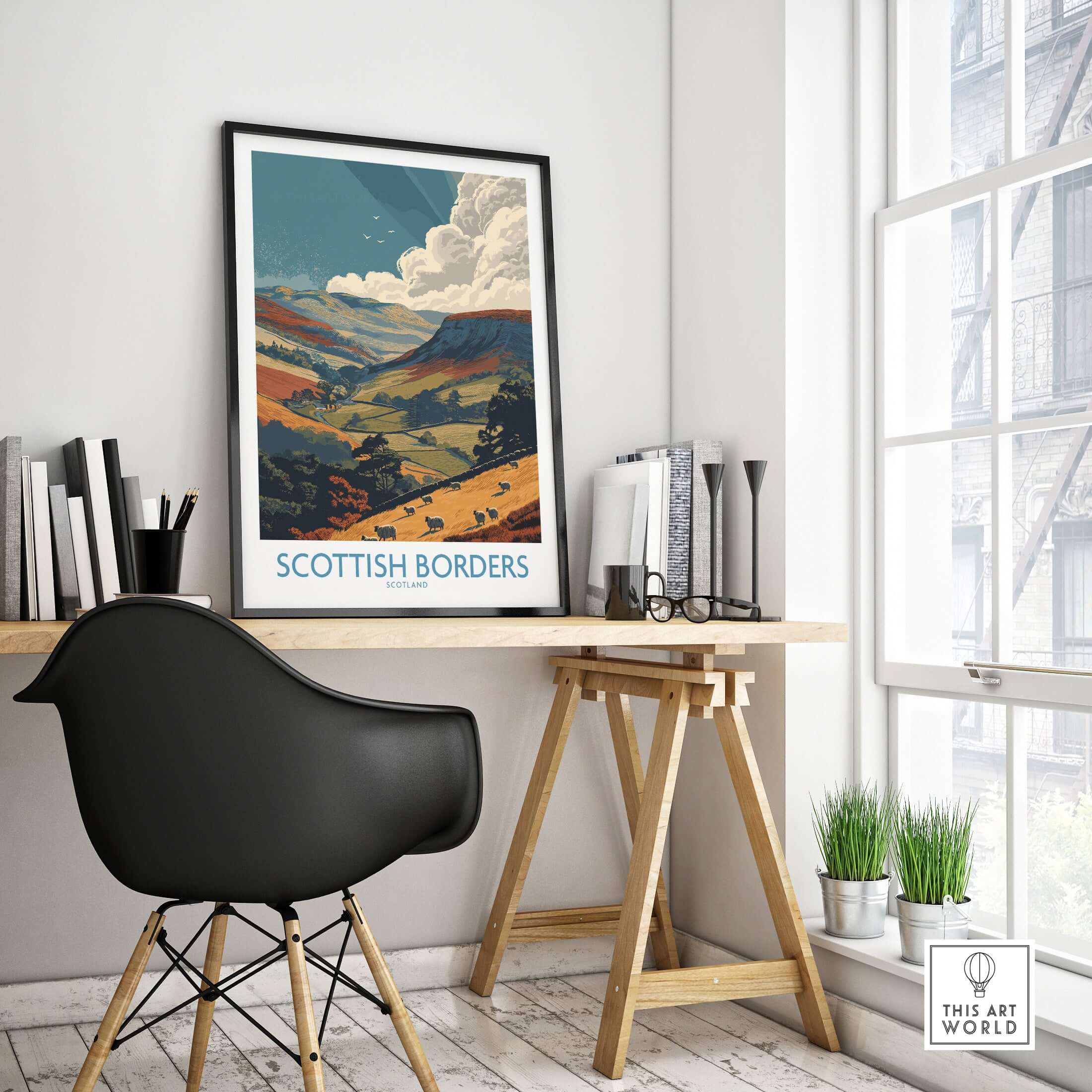 Scotland Valley Landscape Travel Print Scottish Borders Sheep Poster Wall Art Decor in modern workspace with chair and decor.