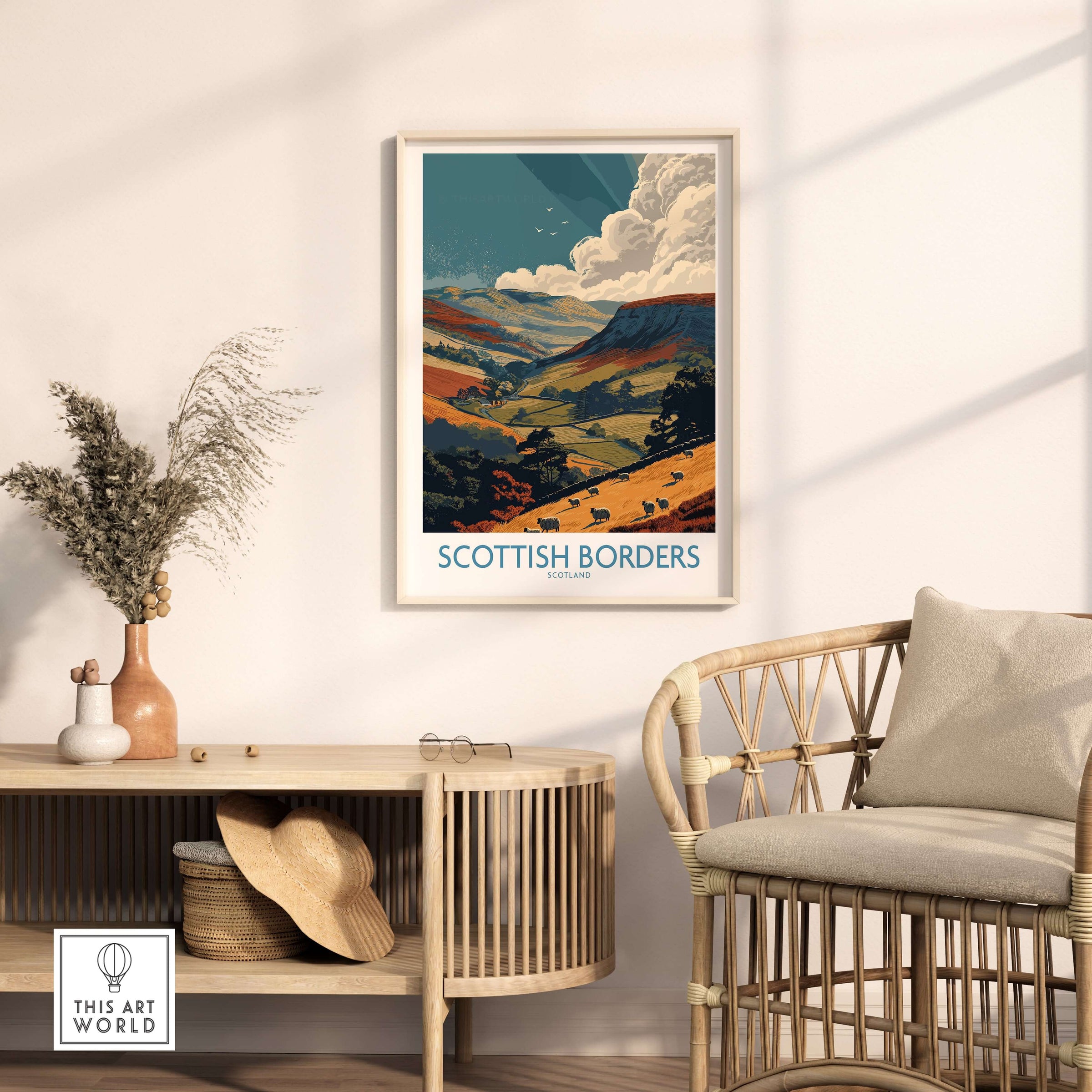 Scotland Valley Landscape Travel Print Scottish Borders Sheep Poster Wall Art Decor in a stylish interior setting.