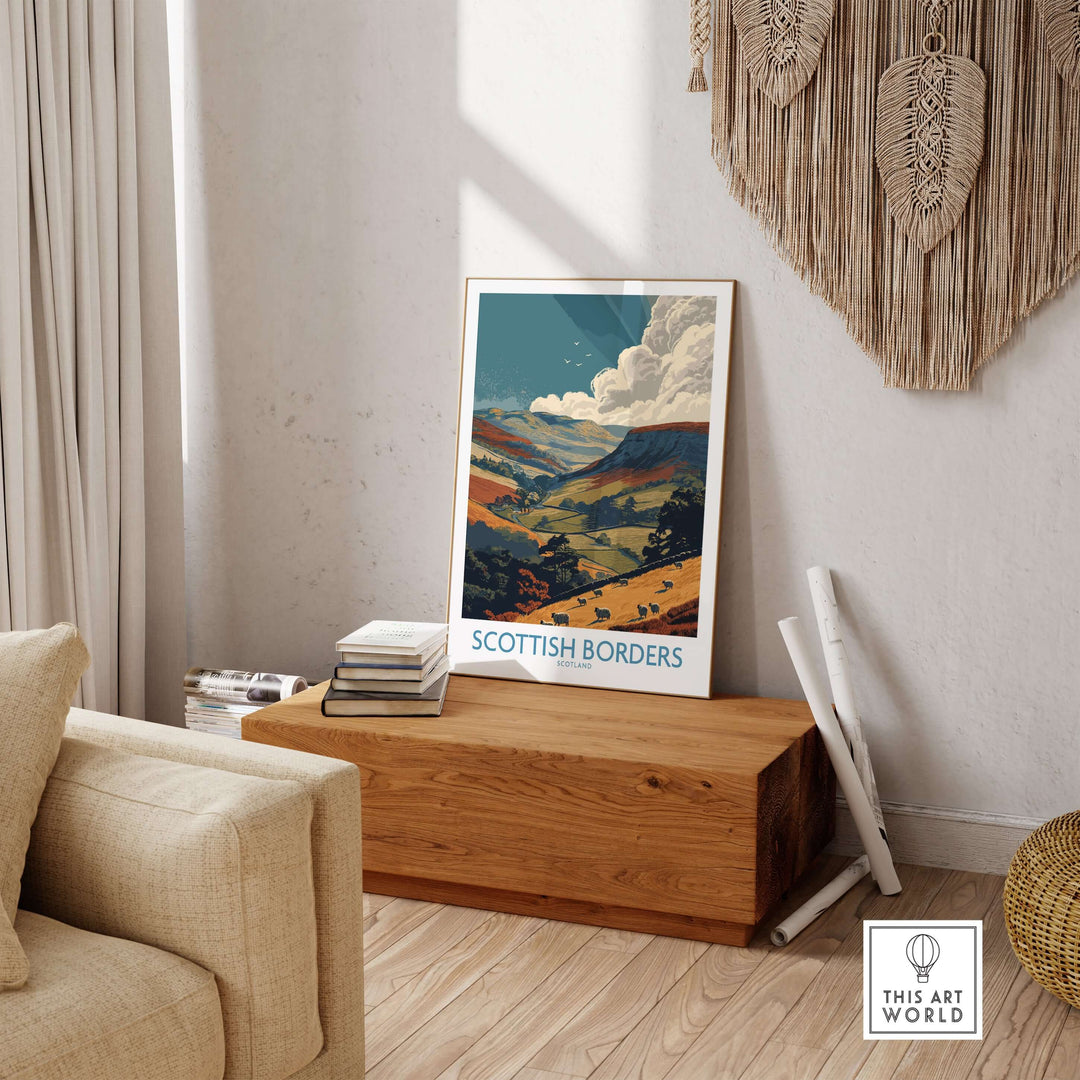 Scottish Borders landscape travel print poster featuring rolling hills and dramatic clouds, ideal wall art decor.