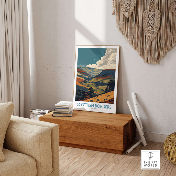 Scottish Borders landscape travel print poster featuring rolling hills and dramatic clouds, ideal wall art decor.