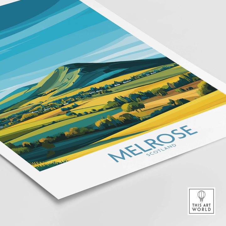 Scottish Borders Melrose travel print featuring Eildon Hills and vibrant countryside landscape art.