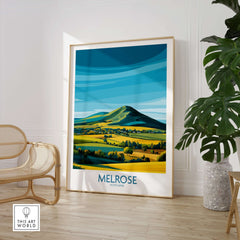 Scottish Borders Melrose Travel Print Eildon Hills Poster Modern Landscape Art displayed in a contemporary room setting.