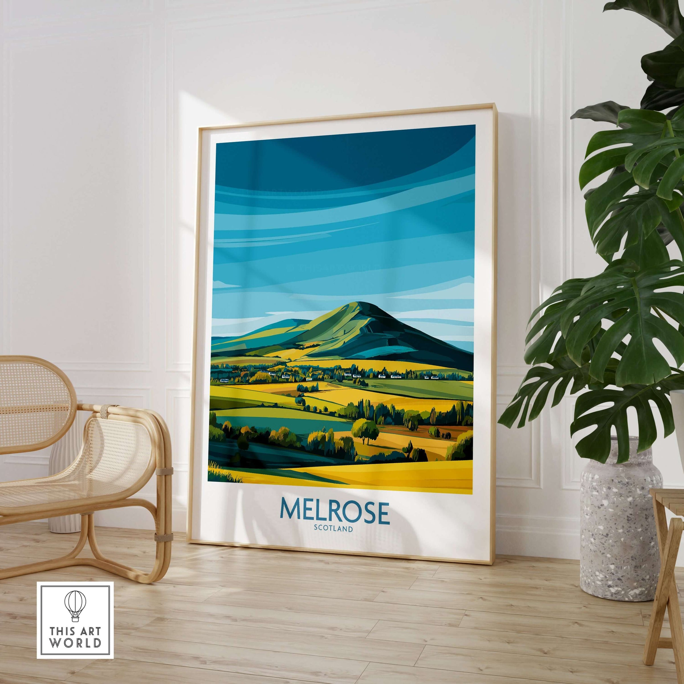 Scottish Borders Melrose Travel Print Eildon Hills Poster Modern Landscape Art displayed in a contemporary room setting.