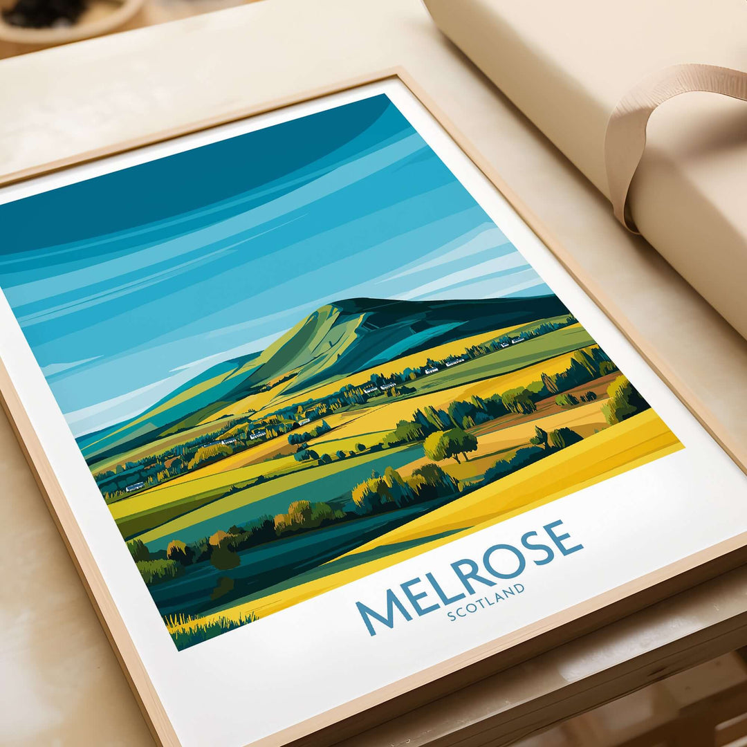 Melrose Scotland Eildon Hills poster print showcasing vibrant landscape art in modern graphic style.