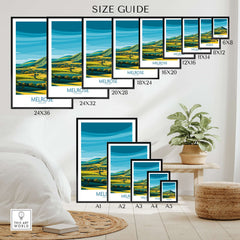 Scottish Borders Melrose Travel Print Eildon Hills Poster Modern Landscape Art size guide with various frame dimensions.