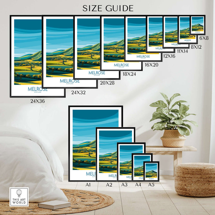 Size guide for Melrose travel print poster featuring Eildon Hills in various sizes, displayed in a modern home setting.