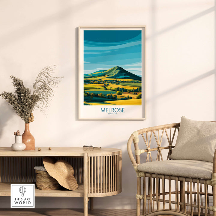 Modern Melrose travel print featuring Eildon Hills, showcasing vibrant landscapes and contemporary design.