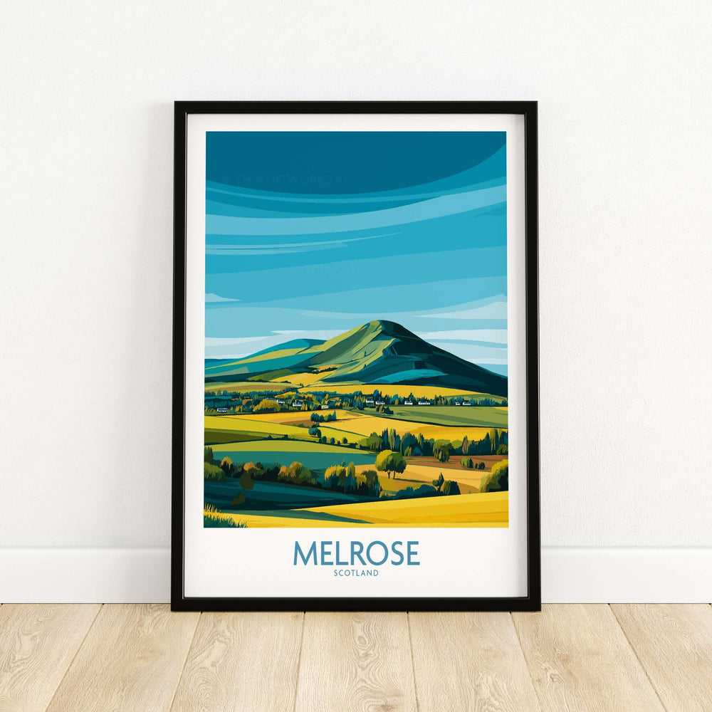 Melrose travel print featuring Eildon Hills in vibrant colors, showcasing the beauty of Scottish Borders countryside.