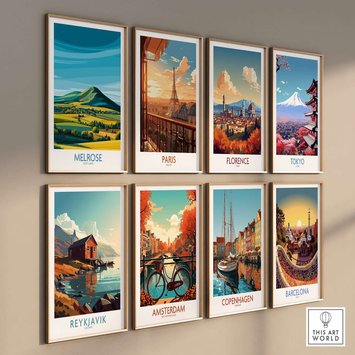Collection of travel posters featuring Eildon Hills, Paris, Florence, Tokyo, Reykjavik, Amsterdam, Copenhagen, and Barcelona.