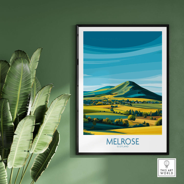 Modern Melrose travel print showcasing Eildon Hills in Scotland, featuring vibrant colors and simplified shapes.