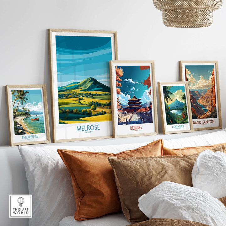 Modern landscape travel prints including Melrose, Beijing, and Costa Rica, displayed on a stylish gallery wall.