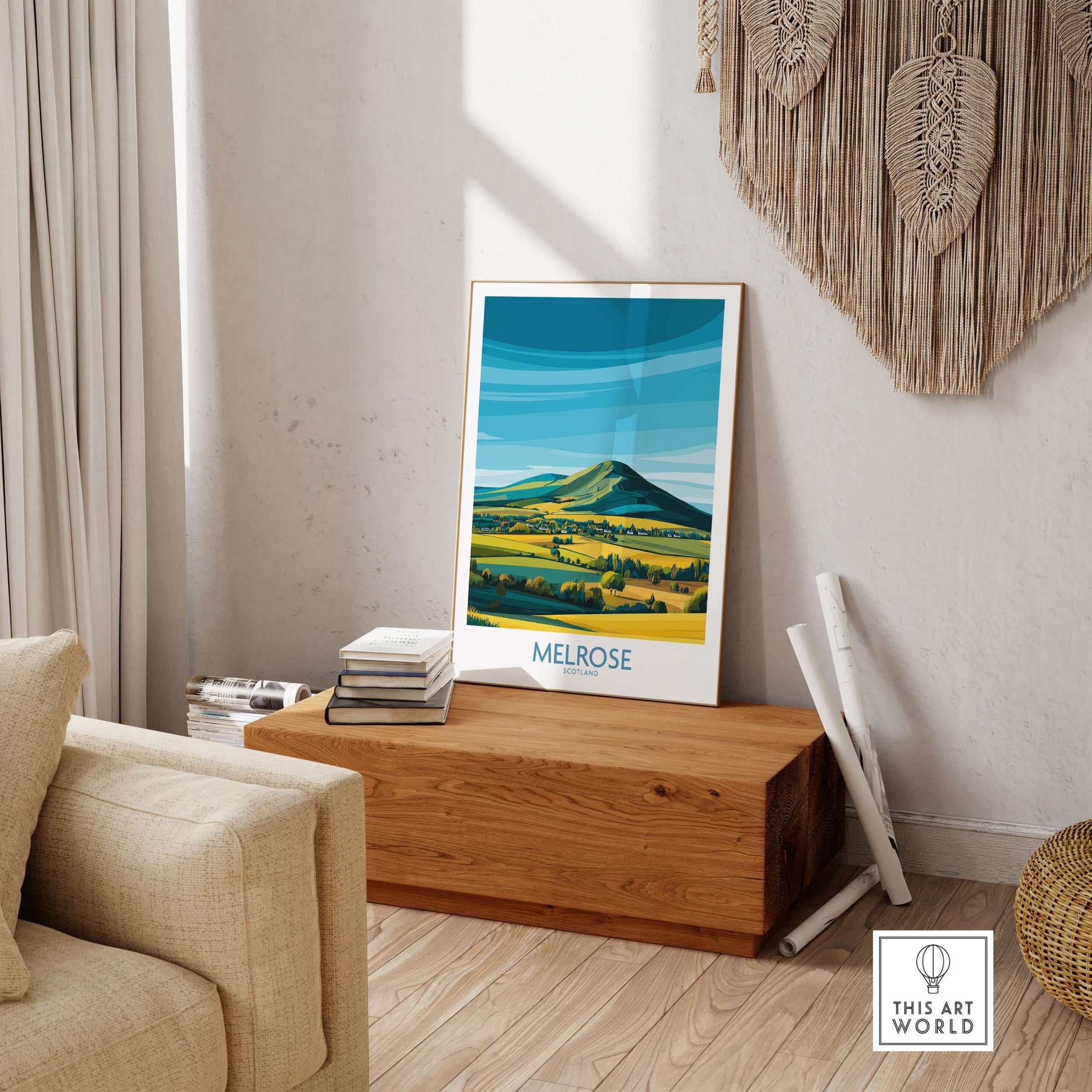 Scottish Borders Melrose Travel Print Eildon Hills Poster Modern Landscape Art displayed in a cozy interior setting.