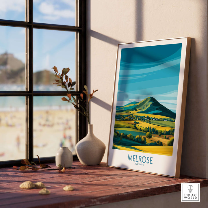 Eildon Hills poster in a stylish setting, showcasing vibrant landscape art of Melrose, Scotland.
