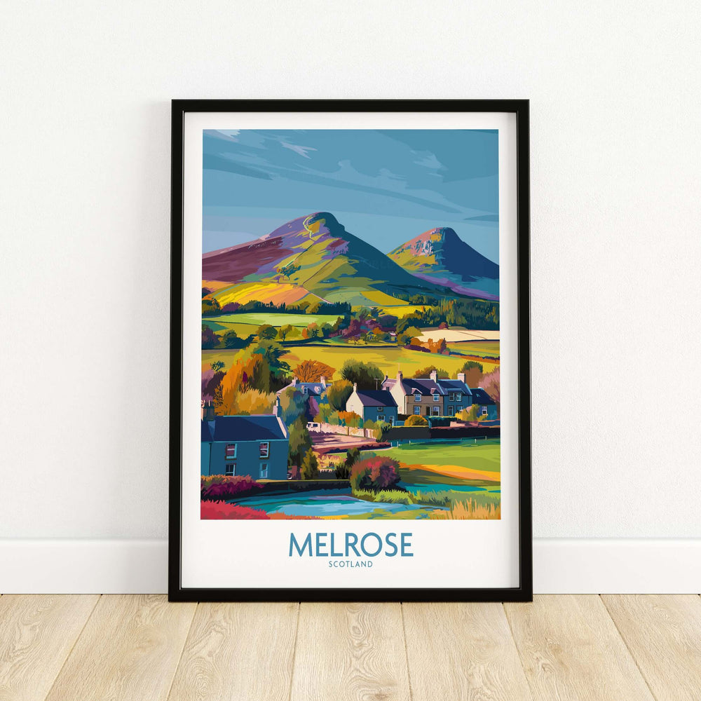 Colorful Melrose Village travel poster featuring Eildon Hills and scenic Scottish countryside art print.