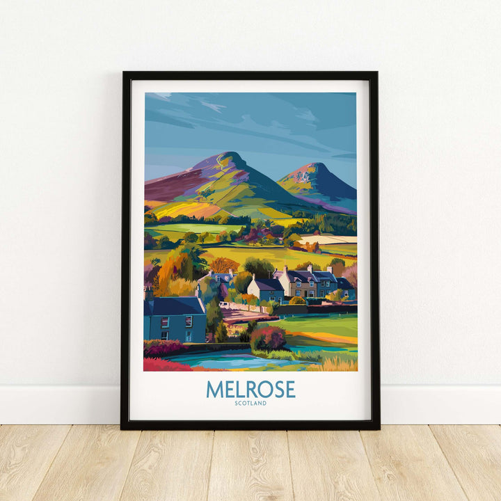 Colorful Melrose Village travel poster featuring Eildon Hills and scenic Scottish countryside art print.