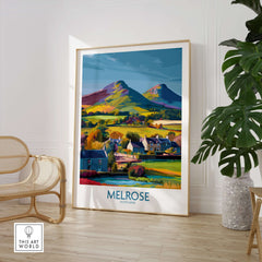 Scottish Borders Melrose Village Travel Poster Eildon Hills Print Scotland Wall Art displayed in a stylish interior setting.