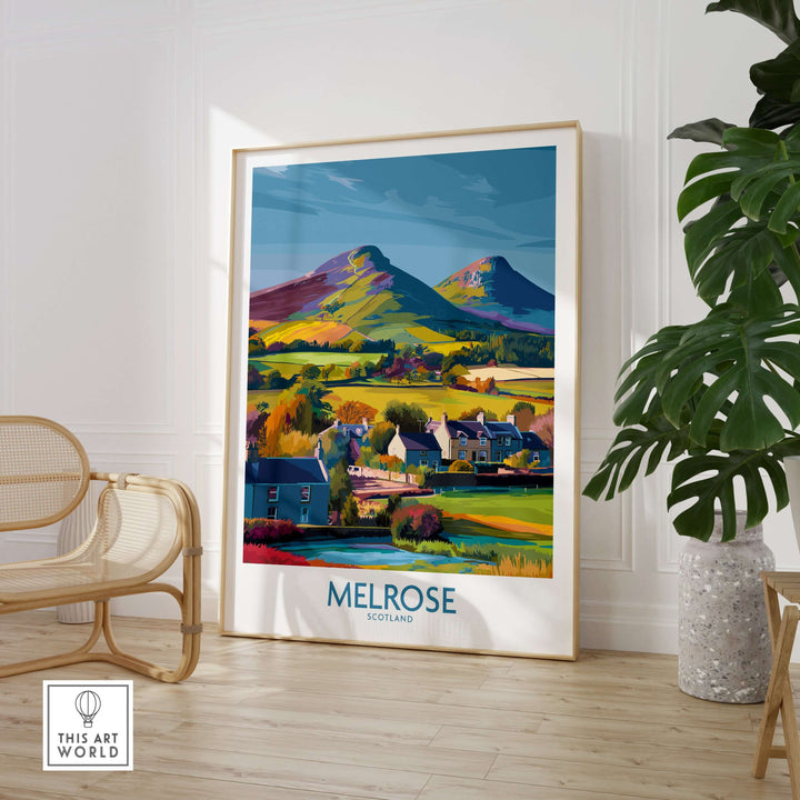 Scottish Borders Melrose travel poster showcasing Eildon Hills and vibrant village scenery in Scotland.