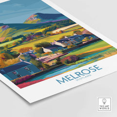 Scottish Borders Melrose Village Travel Poster Eildon Hills Print Scotland Wall Art featuring scenic landscape and village.
