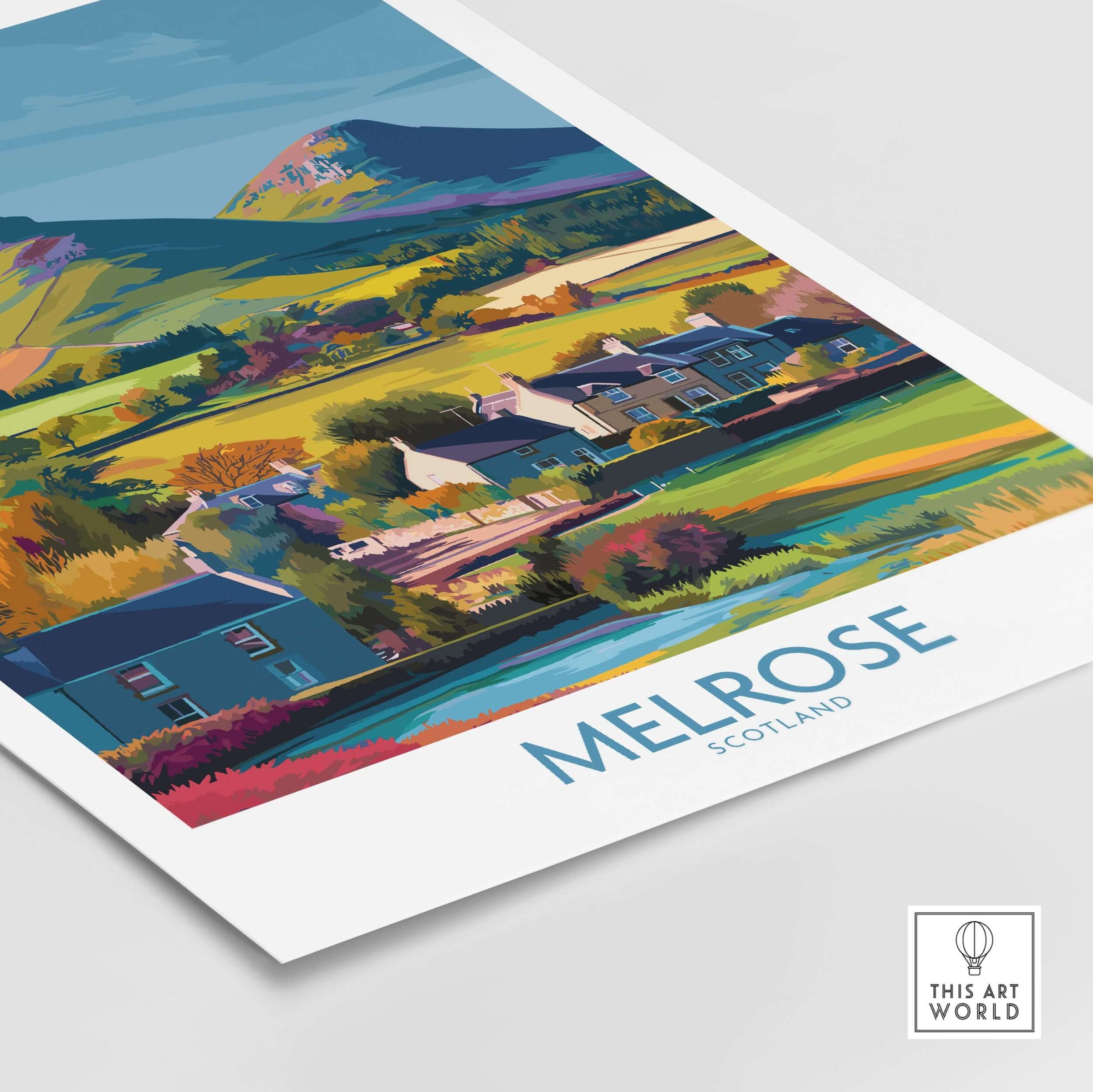 Scottish Borders Melrose Village Travel Poster Eildon Hills Print Scotland Wall Art featuring scenic landscape and village.