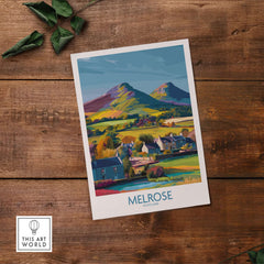 Scottish Borders Melrose Village Travel Poster Eildon Hills Print Scotland Wall Art featuring vibrant landscape and village.