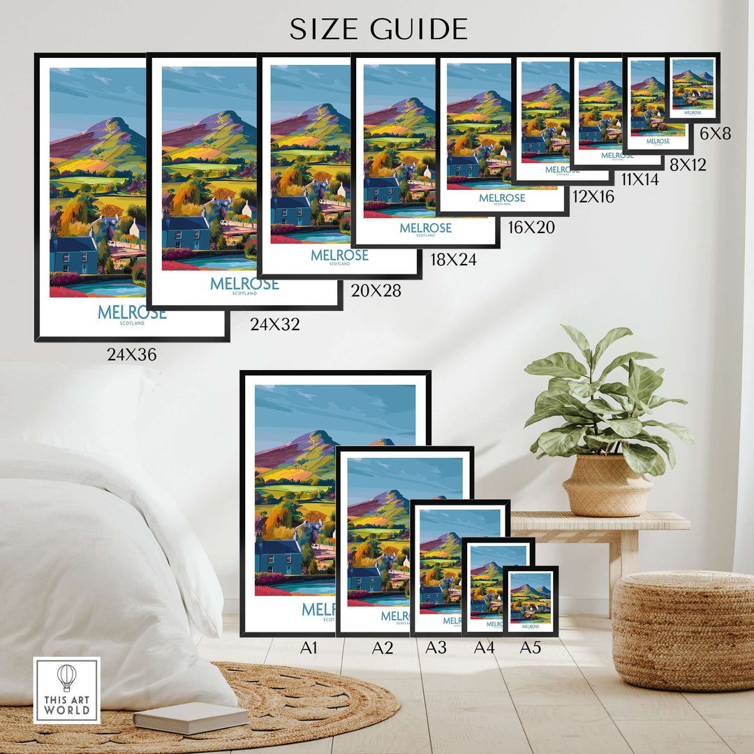 Size guide for Scottish Borders Melrose Village travel poster prints in various dimensions.