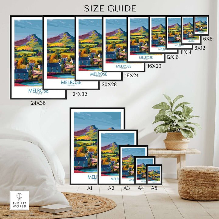 Size guide for Scottish Borders Melrose Village travel poster prints in various dimensions.